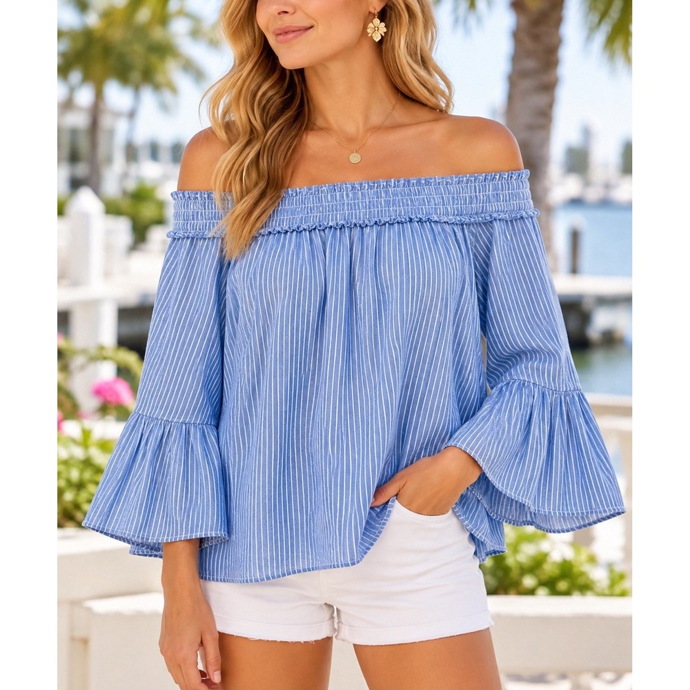 Lilly Pulitzer Moira Top XS Blue White Stripe Off Shoulder Bell Sleeve Cotton